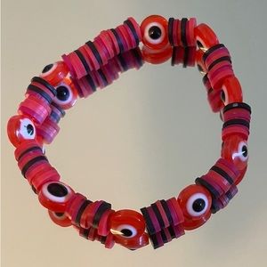 Handmade red evil eye clay bead bracelet